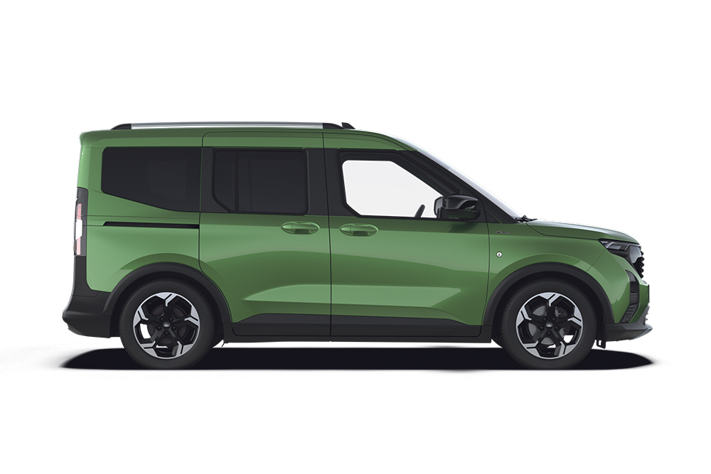 Zielony Ford Tourneo Courier z gamy minivanów Forda.