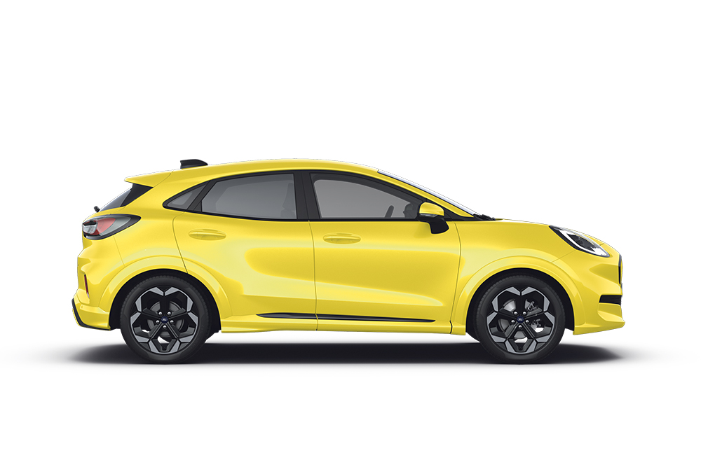 Żółty Ford Puma Gen-E z gamy SUV-ów Forda.