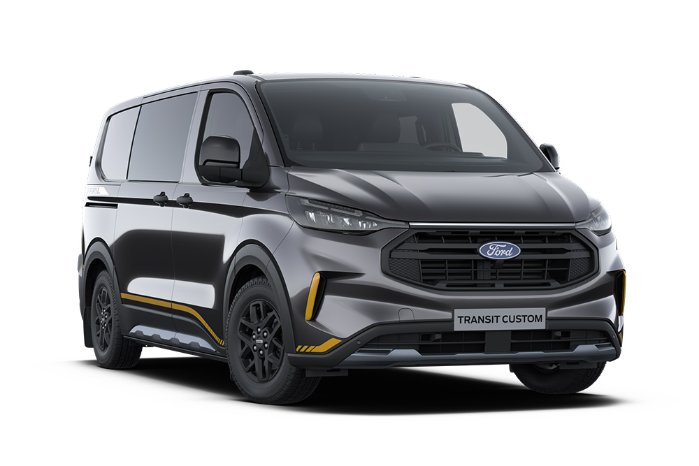 Front left angle of a dark grey Trail Ford Transit Custom Double Cab-in-Van with gold accents, on a white background.