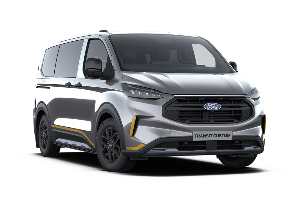 Front left angle of a dark grey Ford Transit Custom Kombi Trail on a white background.
