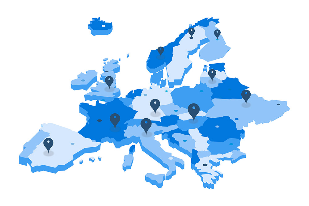  Niebieska mapa Europy z wieloma pinezkami oznaczającymi liczne lokalizacje zaufanych konwerterów pojazdów Ford Pro.